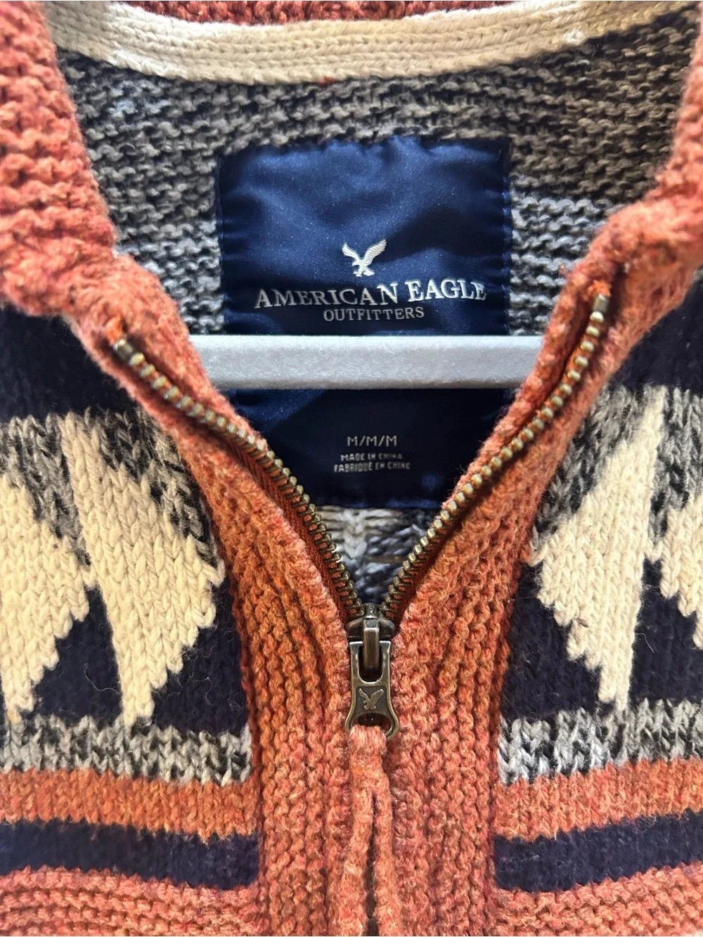 American Eagle Men's Aztec Zip-Up Knit Sweater Jacket - Cream & Rust EUC